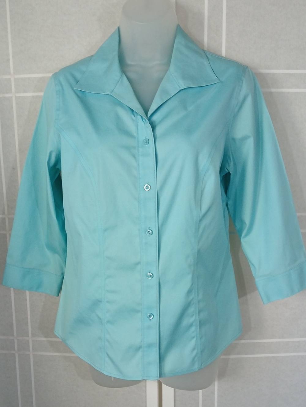 Chico's Aqua No-iron Buttondown Fitted Cotton Sĥirt S
